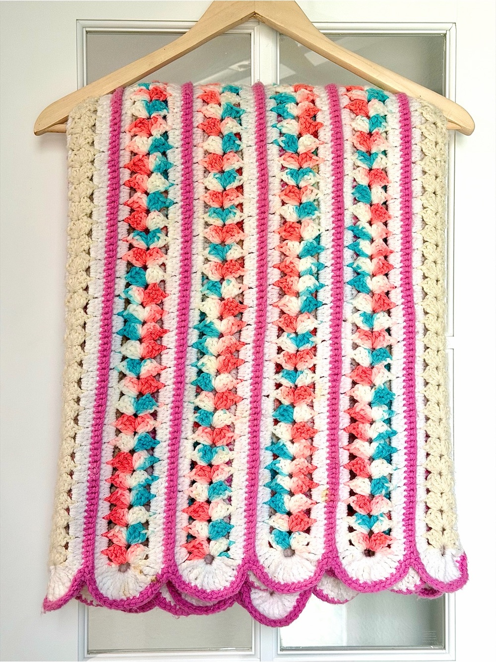 Handmade Crochet Throw Blanket in Cream, Pink, Coral & Teal